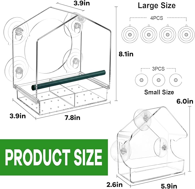 2PCS Window Bird Feeder with Strong Suction Cups, Bird Feeders for Outdoors, Clear Bird Feeder for Window, Outdoor Wild Bird Watching Gift for Women Mom Bird Lovers, Elderly Kids (1 Large+1 Small)