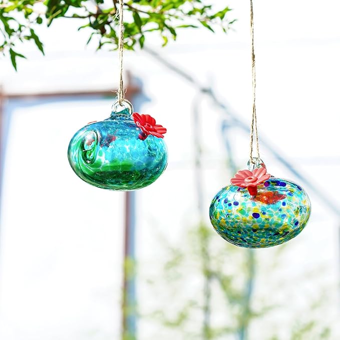 2pcs Small Glass Hummingbird Feeders for Outdoors Humming Bird Feeder with 2 Flower Feeding Ports for Window Garden Patio Decor Blown Glass Hummingbird Feeder for Outside Never Leak