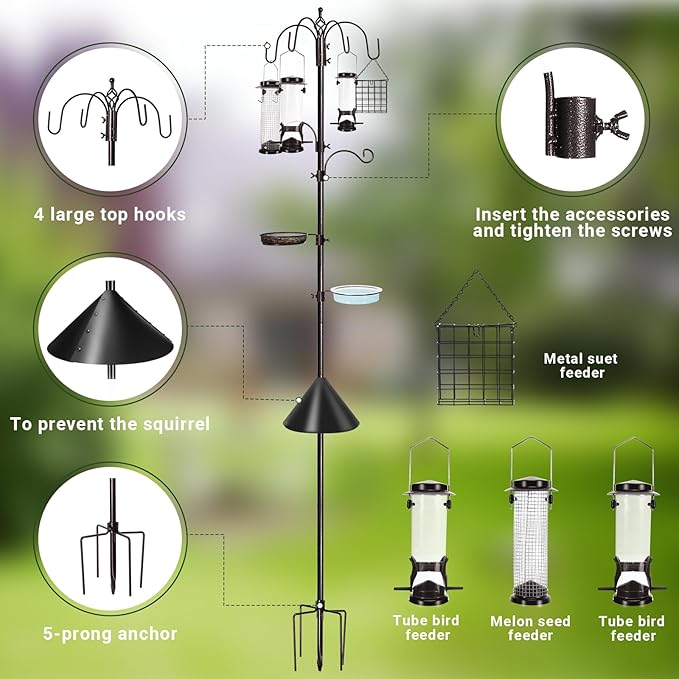 YINGYM 6-Hook Bird Feeding Station Kit Wild Bird Feeder Stand Pole, Multi-Feeder Hanging Kit Stand with Water Bowl, Mesh Tray and Squirrel Guard Baffle, 94 Inch