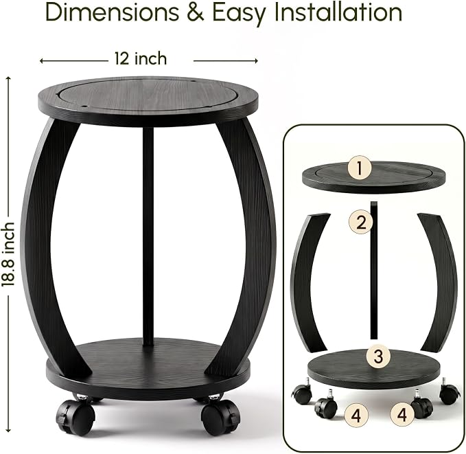 2 Tier Wooden Plant Stand Indoor with Wheels – Tall Plant Stand for 6-12 Inch Pots, Mid-Century Modern Rustic Plant Table Indoor, Pedestal Stand for Corner, Living Room, Balcony, Black
