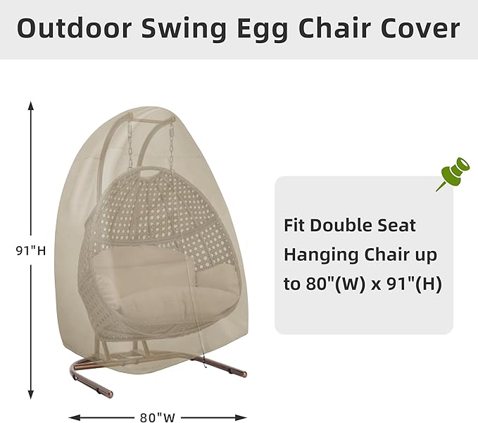 Easy-Going Patio Hanging Egg Chair Cover, UV Resistant Waterproof Outdoor Double Seat Swing Chair Cover with Zipper, Camel