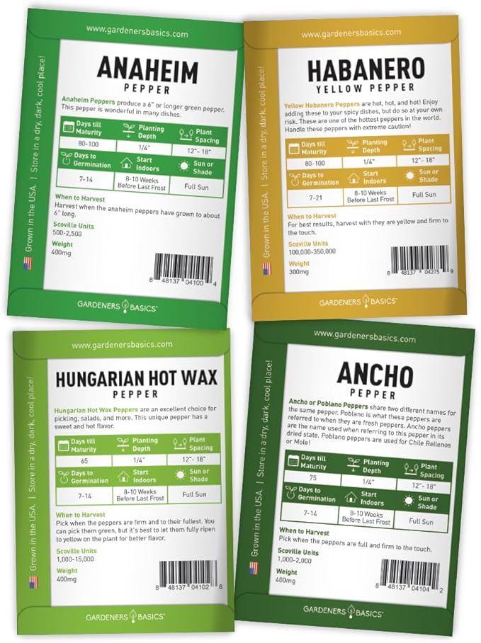 Pepper Seeds Variety Pack Indoor Pepper Growing Kit Our Pepper Seeds Kit Includes Green Bell Pepper, Anaheim, Jalapeno, Cayenne, Habanero, Ancho, Seranno and Hungarian Hot Wax Peppers