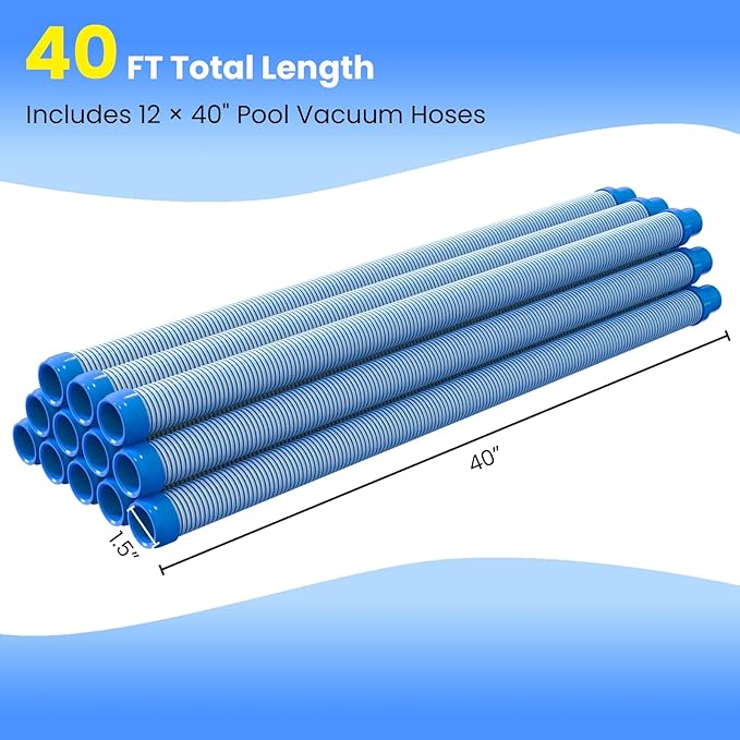 Poolvio Pool Vacuum Hose 40 Feet (12 x 40 Inch), 1.5 Inch Cuffs, Compatible with Most Inground Pool Automatic Cleaners, Blue