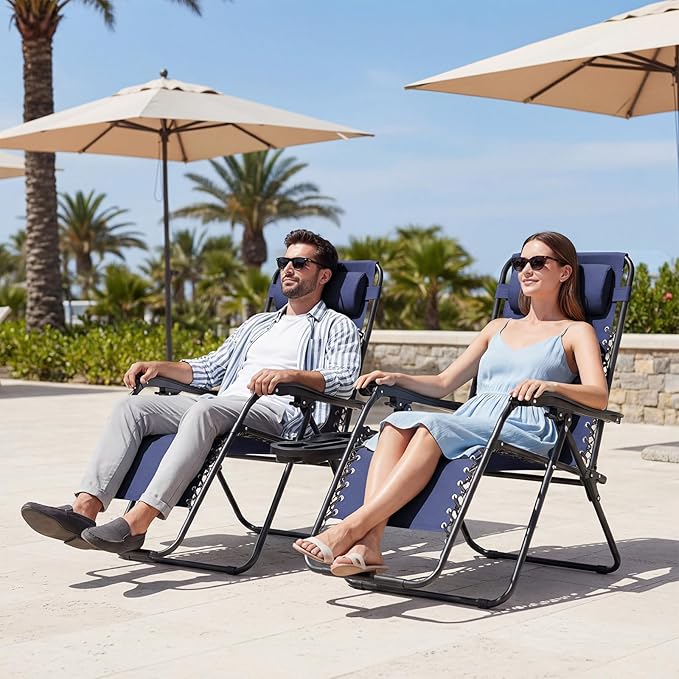 JEAREY Zero Gravity Lounge Chairs Set of 2, Breathable Steel Mesh Lounge Chairs with Head Pillows & Cup Holder Trays, for Patio, Garden, Beach, Purplish Blue
