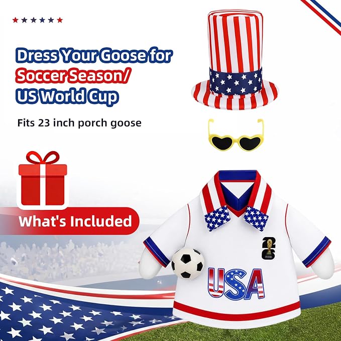 Porch Goose Outfits Clothes for World Cup Decorations, 4th of July Decorations, Patriotic Decor Outdoor, USA Soccer Fan Gifts, 250 Anniversary USA Merchandise 23 inch Porch Goose Costume for Patio