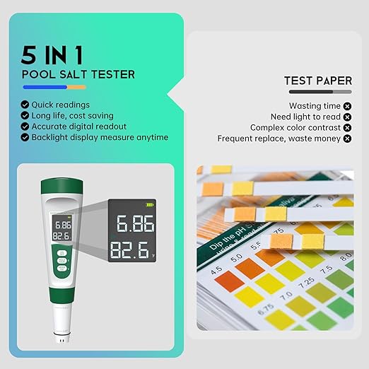 Salt Tester for Saltwater Pool & pH Meter,5 in 1 Digital Water Tester for Salinity,Temp,EC,TDS Meter for Pool Salt Tester,Hot Tubs & Spas,Hydroponics,Aquarium,Accurate & Reliable,Green