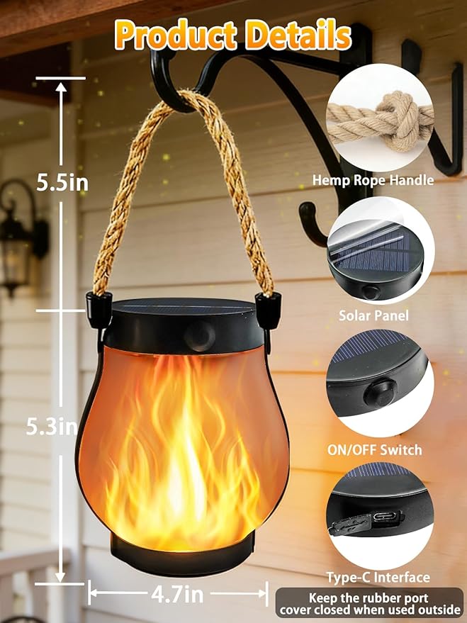 1 Pack Gen2 Solar Lights Outdoor Waterproof, Solar Lantern with Dancing Flame, 2 Lighting Modes, Dual Charging USB & Solar Powered, with Hanging Rope Handle for Patio Yard Garden Tree Tabletop Decor