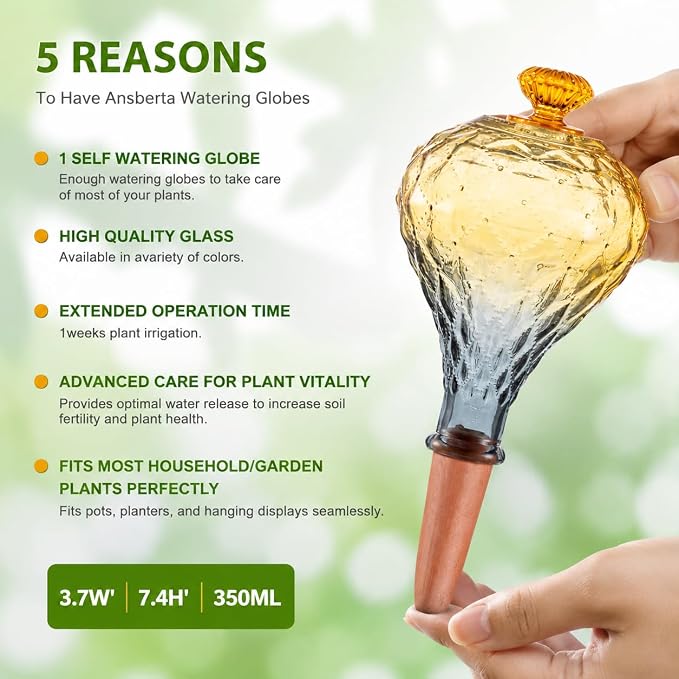 12 oz Plant Watering Globes, Yellow Glass Self Watering Bulbs Top Fill with Terracotta Spikes Stake, Self Watering Planter Insert Vacation Automatic Plant Waterer Device for Indoor & Outdoor 2Pack