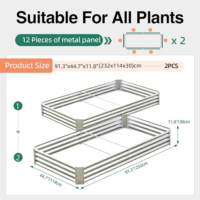8x4x1ft(2 Pack) Galvanized Raised Garden Bed,Outdoor Planter Box Metal Patio Kit Planting Bed for Vegetables,Flowers, Silver