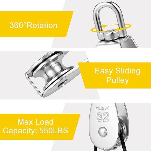 2 Sets M32 Cable Pulley System for Lifting Hanging, Including Heavy Duty Stainless Steel Single Pulley Block with 66FT Nylon Rope, Snap Hooks, Eye Pad Plate, Rope Cleat Hook, Loading 551lb