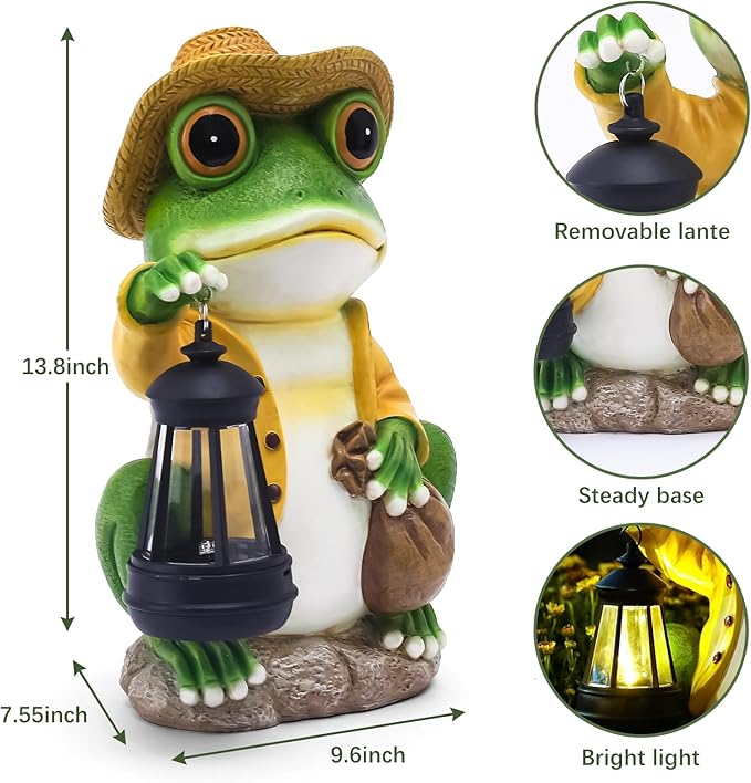 Pohabery Large Frog Garden Statue, 13.3 Inches Tall, Resin Frog Decor with Solar Lantern for Outdoor Decoration and Housewarming