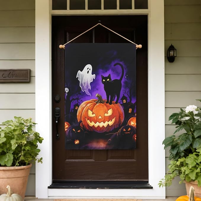 Halloween Pumpkin Ghost Black Cat House Flag 28x40 Inch Tree House Shadow Spooky Scary Holiday Decorative Garden Flags for Outside Double Sided Outdoor Home Farmhouse Decoration Yard Porch Decor