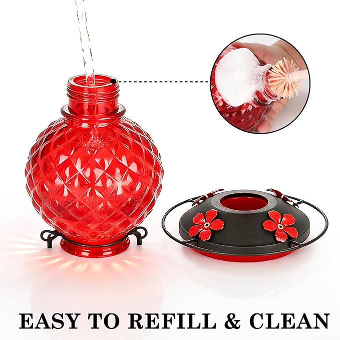 Glass Hummingbird Feeder for Outdoors Hanging, 25 OZ Humming Bird Nectar Feeder with 4 Bee Guard Feeding Ports & Built-in Ant Moat, Bird Feeder for Outside, Gifts for Women Mom, Red