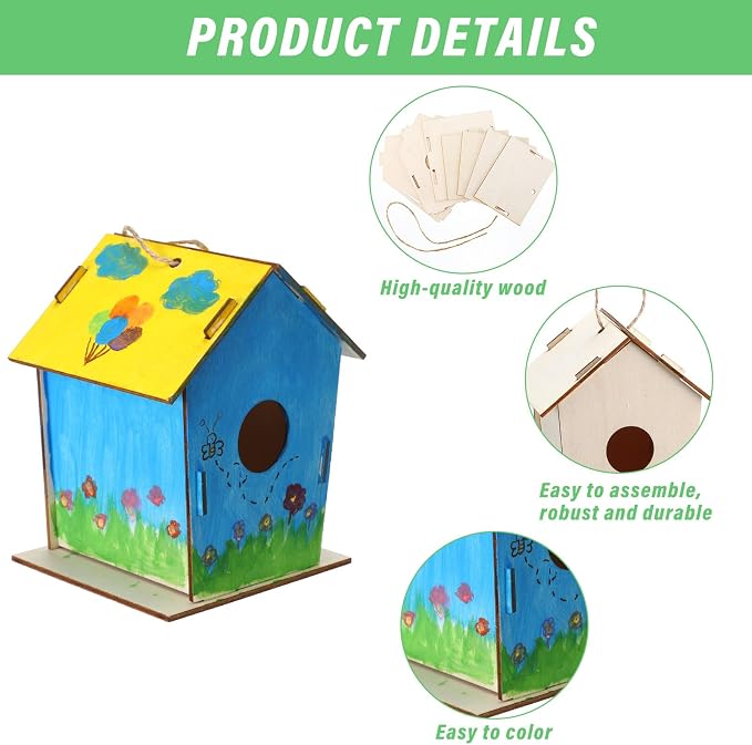 DoubleFill 120 Pcs 4.33" Wooden Bird Houses Crafts Kit for Kids DIY Unfinished Hanging Birdhouse for Art Painting Wood Toys Boy Girl Class Back to School Classroom Project Parties Creative Activity