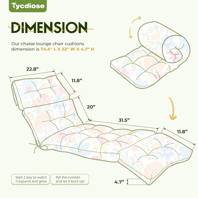 Outdoor Chaise Lounge Chair Cushion Waterproof 74.4 x 22 x 4.7 Inches Memory Foam Lounge Chair Cushions for Outdoor Furniture with Ties, Thickened Pool Lounger Cushion, Colorful Daisy
