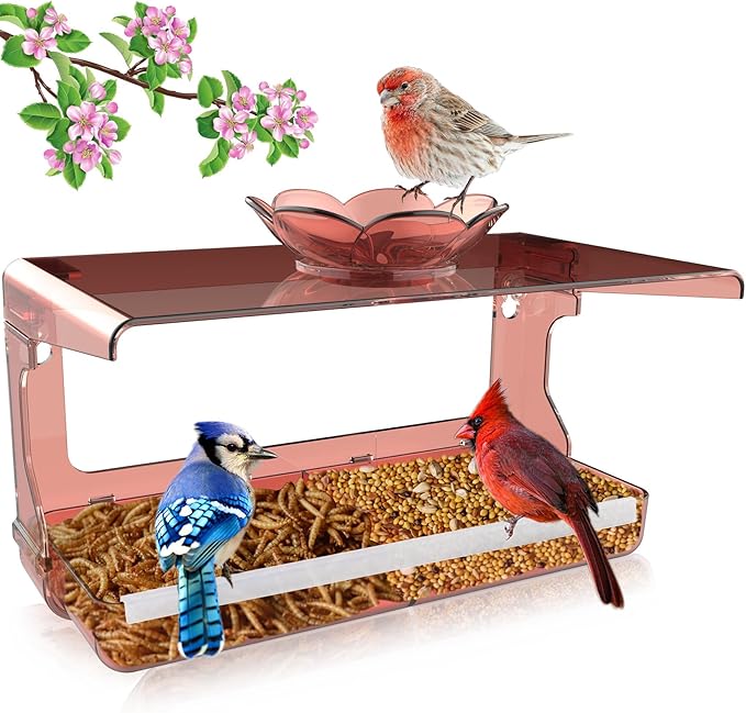 WENMIXER Window Bird Feeder with Non-Marking Self-Adhesive Hooks, Clear and Transparent, Outdoor Wild Bird Watching Gift, Garden Decor (Red)