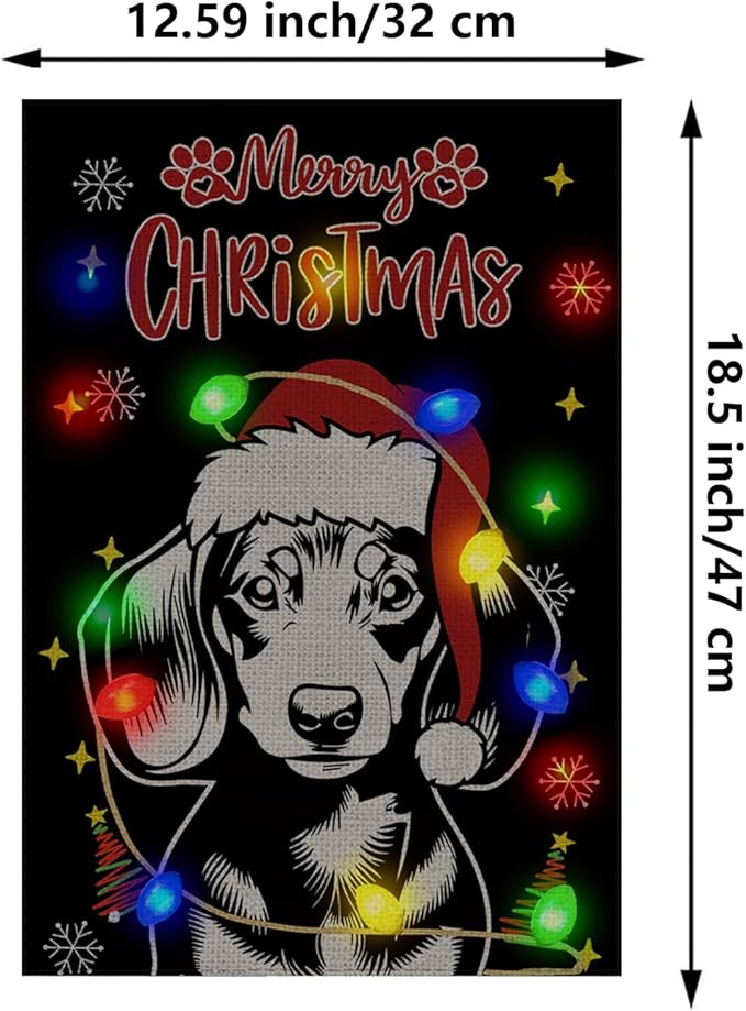 Christmas Dog Garden Flag - Led Dachshund Christmas Decor for Outside, Welcome Garden Flags Double-Sided for Seasonal Winter Farmhouse Yard Lawn Decoration Gifts 12x18 inches