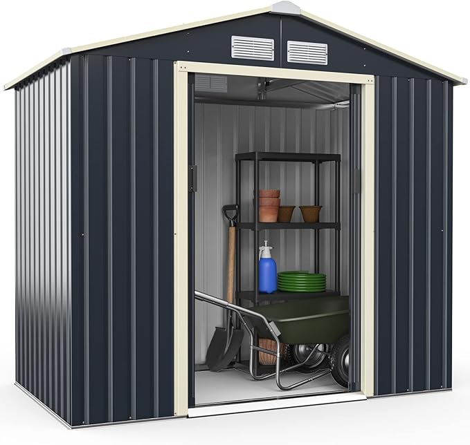 Goplus Storage Shed, Metal 7' X 4' Outdoor Building Organizer with 4 Vents & Double Sliding Door for Garden Backyard Farm (7'X4')
