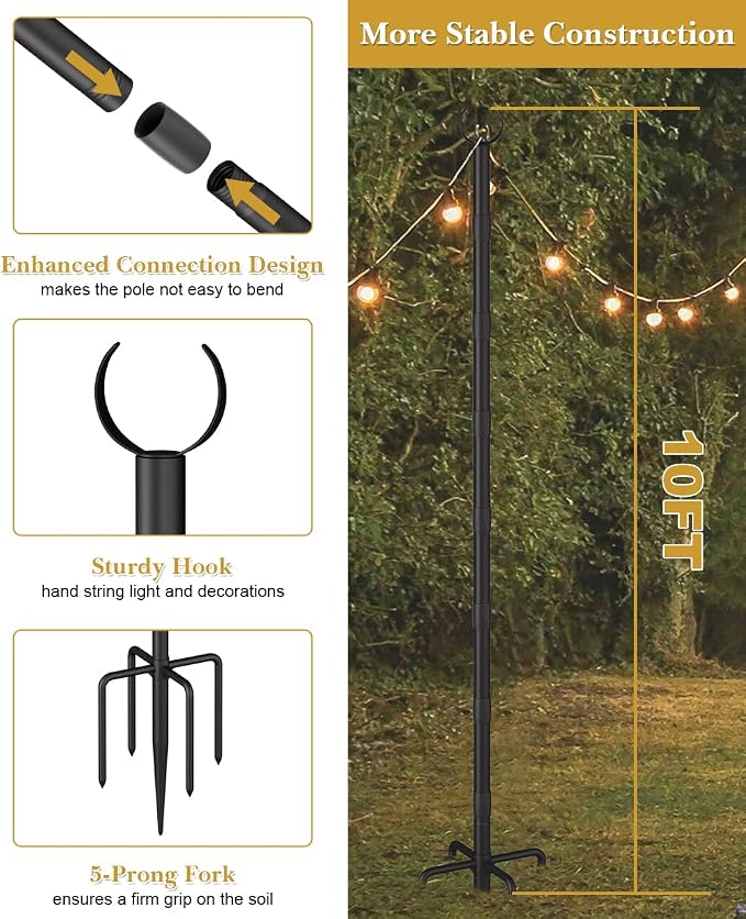 10Ft String Light Poles for Grass & Soil, Outdoor Light Stand with 5-Prong Fork Base, Heavy-Duty Metal Poles for Backyard, Garden & Patio Party Lighting, Rustproof & Adjustable