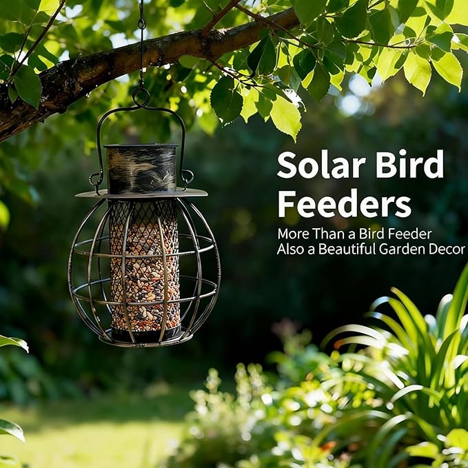 Heavy Duty Metal Bird Feeder for Outside, Retro Lantern Shape,Squirrel Proof Bird Feeder for Wild Birds,Solar Lantern for for Garden Decor,Unique Gifts for Mom, Grandma (Bronze)