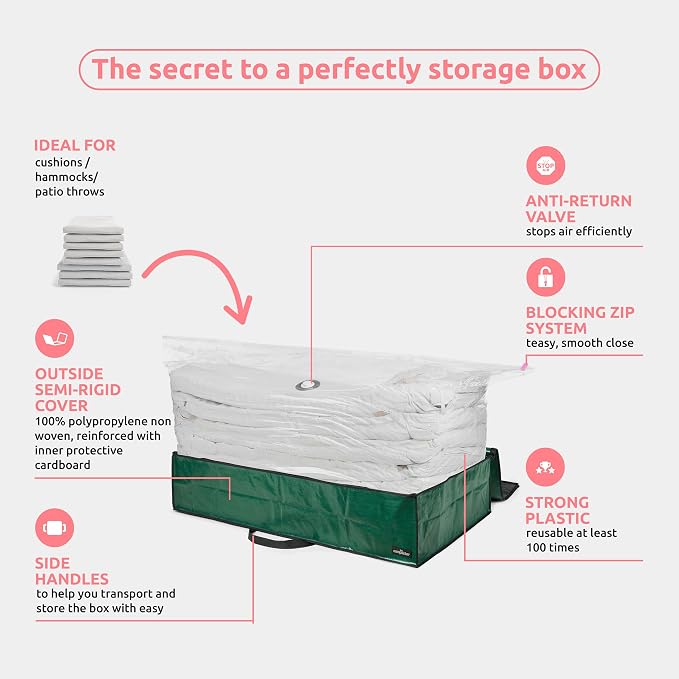 Compactor Heavy-Duty Storage Bags, Vacuum Storage Bag with Outdoor Storage Box, Waterproof Bag for Sun Bed and Chaise Lounge Cushions, Fits All Vacuum Models, 66Lbs, XXXXL, Green