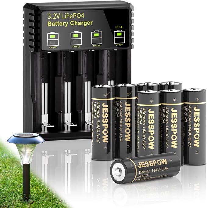 14430 3.2 Volt Rechargeable Solar Battery with Charger, JESSPOW Rechargeable LiFePo4 Batteries [ 450mAh 3.2V 8Pack ] for Outdoor Garden Light, Solar Panel Light, Shaver, Flashlight (NOT AA Battery)