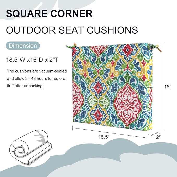 DYTXIII Set of 4 Outdoor Chair Cushions, Water Resistant 18.5"x16"x2" Square Seat Cushion for Patio Dining Chairs, High-Density Replacement Pads for Indoor Outdoor Furniture - Damask Red