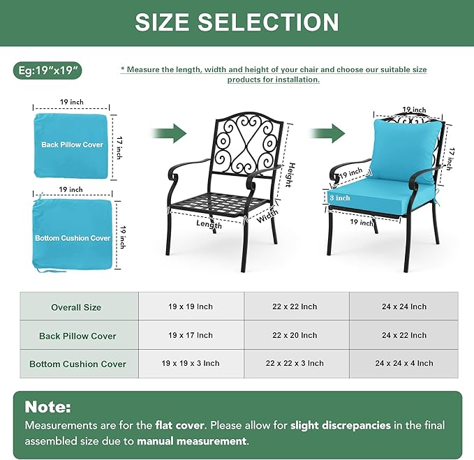 Summsun Outdoor Chair Cushions Set of 2, Waterproof Backrest and Seat Cushion Set for Patio Furniture, Outdoor Replacement Cushions with Removable Cover, 19 x 19 Inch, Teal