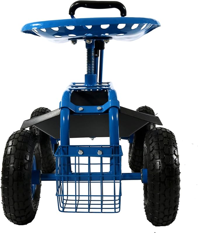 Sunnydaze Garden Seat with Wheels - Rolling Gardening Seat - Garden Stool on Wheels with Adjustable Handle and Utility Tray - Blue