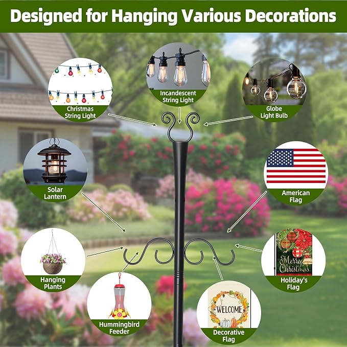 6 Pack Outdoor Patio Light Poles for String Lights, 10Ft Heavy Duty Metal String Light Poles with Shepherds Hooks for Hanging Plant & Bird Feeder, Deck Pole for Outdoor Strings Lights