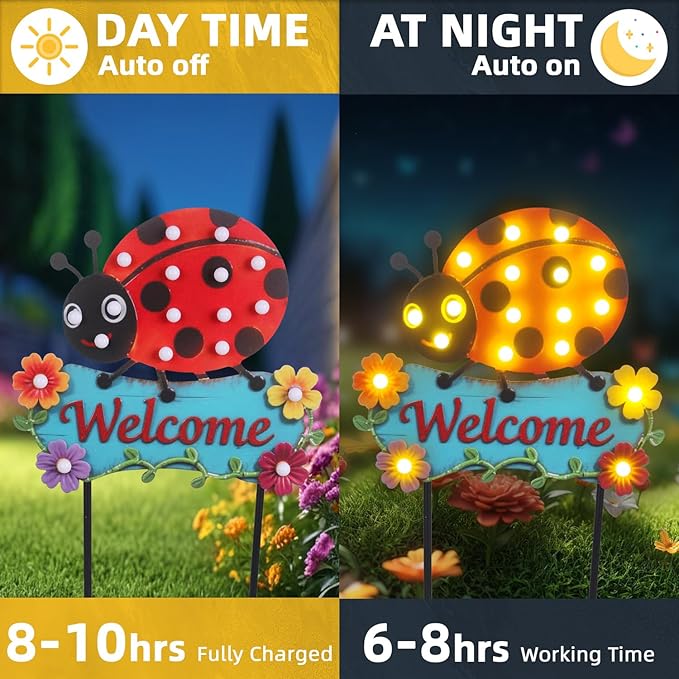 Garden Stakes Decorative 43.3inch with Large Metal Welcome Sign, Solar Pathway Lights Outdoor Waterproof with 18 String Bulbs for Spring and Summer Decor, Ladybug Lawn Ornaments