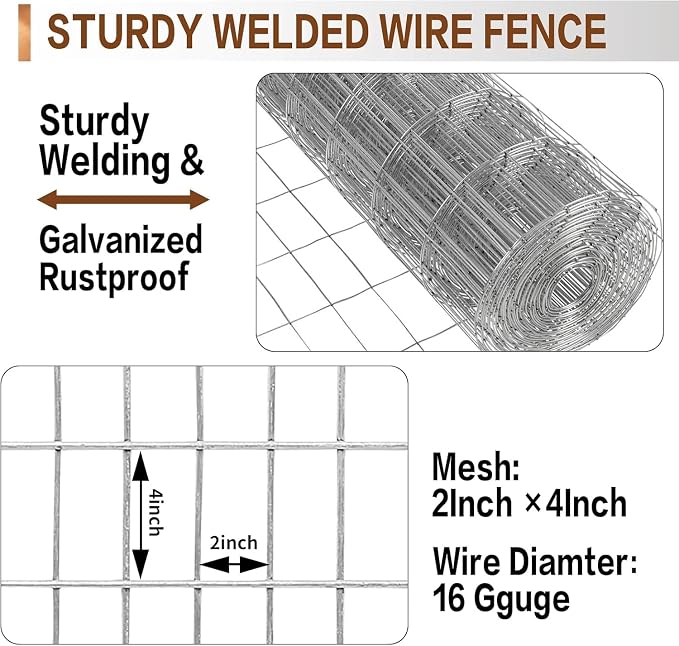Tongmo 4 ft x 50 ft Galvanized Welded Chicken Wire Fence, 16GA Garden Chicken Wire Fence Roll, Mesh Size 2" x 4"Hardware Cloth, Ideal for Yard Protection and Poultry Netting