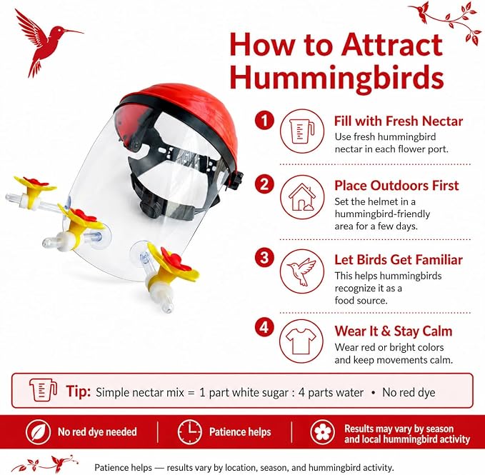 Hummingbird Feeder Helmet | Multi-Purpose Hummingbird Feeder Hat | 3 Spill-Resistant Ports, Fog-Resistant Lens, Adjustable Headband