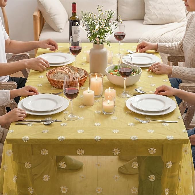 Horaldaily Yellow Embroidery Daisy Spring Summer Gauze Tablecloth 52×70 Inch Rectangular, Seasonal Tulle Table Cover, Garden Party Decorations for Wedding, Party, Holiday Dining