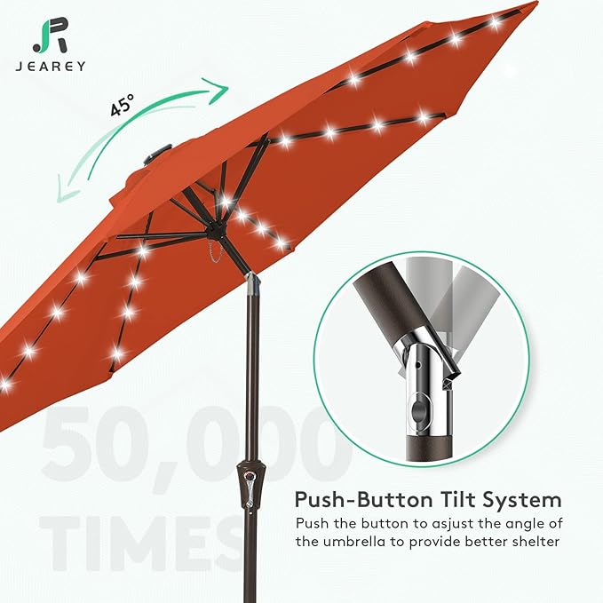 JEAREY 10FT Outdoor Patio Umbrella with Solar Lights, LED Lighted Pool Umbrella with Tilt and Crank, Outdoor Table Umbrellas for Deck, Yard & Market(Orange)