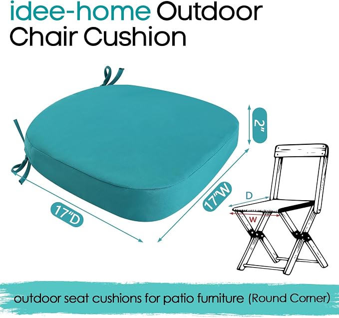 idee-home Outdoor Chair Cushions Set of 4, 17" x 17" Thick D-Shaped Patio Furniture Outdoor Seat Cushions Waterproof with Ties, Dining Pads