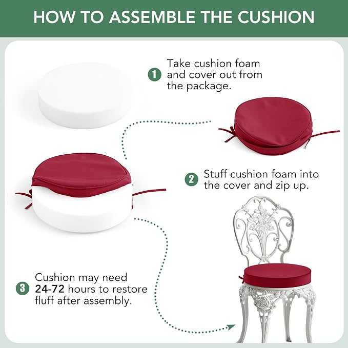 Summsun Outdoor Bistro Chair Cushions Set of 4, 15" D x 3" H Round Chair Cushions Waterproof and Fade Resistant Chair Cushion Pads with Non-Slip Ties and Removable Covers for Garden, Burgundy