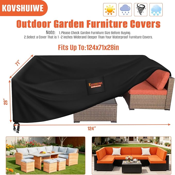 Kovshuiwe 124" Lx71 Wx28 H Patio Furniture Covers, 600D Waterproof Oxford | Outdoor Furniture Covers Tear-Resistant Table and Chair Set Cover with Fastener Windproof Buckle Straps,