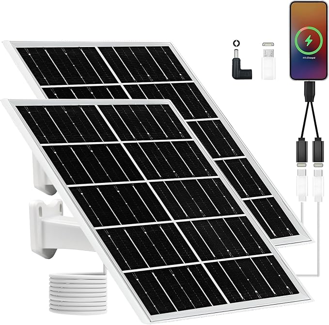 5V 16W Solar Panel for Security Camera IP65 Waterproof USB Solar Panel Charger Type-C Port、Micro USB Port＆DC Port Solar Sanels for Cameras with 9.8ft Charging Cable (8W White 2pack)