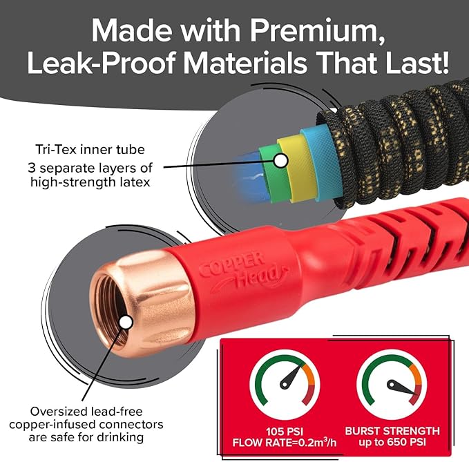 Pocket Hose 75 FT Copper Head Expandable Garden Hose with Pocket Pivot, No Tangles, AS SEEN ON TV, 360° Swivel, Tri-Tex Tubing, Force Field Jacket, Lead-Free, No-Kink, Anti-Burst w/APT