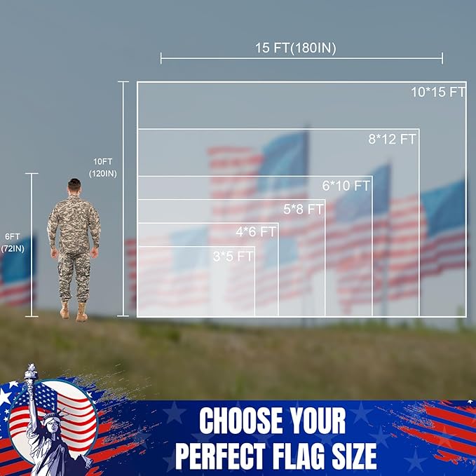 American Flag 10x15 Ft for Outside, Long Lasting, Heavy Duty Nylon, Fade Resistant, High Wind US Outdoor Flags with Embroidered Stars, Sewn Stripes, Brass Grommets
