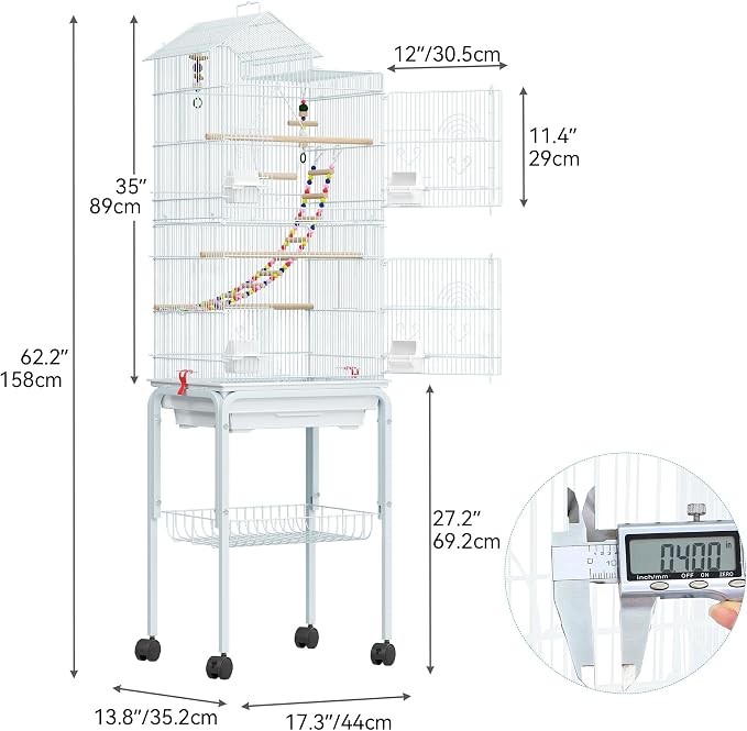 YITAHOME 62 inch Metal Bird Cage, Large Parakeet Cages | Bird Cage for Parrot, Cockatiel, Lovebird, Pigeon with Roof Top, Rolling Stand and Hanging Accessories, White