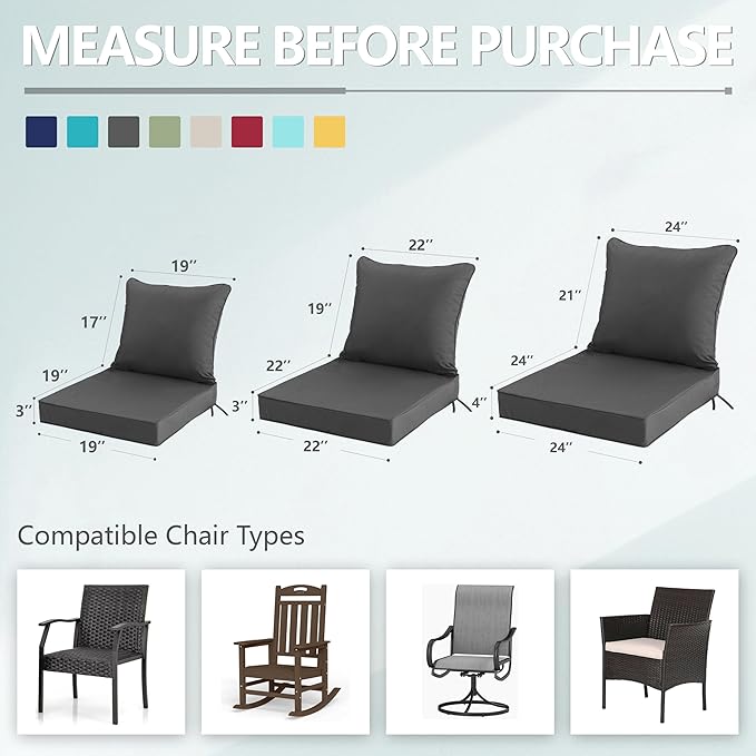 24x24 Inch Outdoor Chair Cushions Set of 2, Patio Furniture Cushions - Removable Cover, Water-Repellent, Fade-Resistant, Non-Slip Bottom & Straps, Replacement for Deep Seat Sofa & Couch - Dark Grey