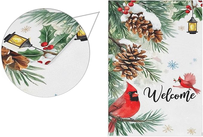 Welcome Winter Cardinal Birds House Flag 28x40 Inch Double Sided Outside Christmas Poinsettia Snowflake Xmas Seasonal Yard Outdoor Flag Banner for Garden Lawn Patio Holiday Decorations