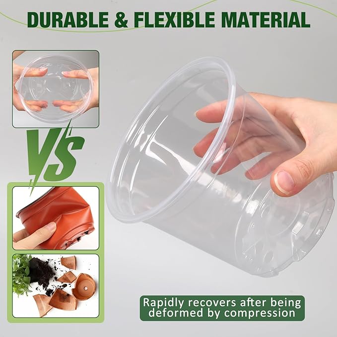 10/8/6/4 Inch Clear Nursery Pots with Drainage Holes and Saucers, 12 Pack Large Clear Pots for Plants Variety Pack, Plastic Nursery Pots for Succulents, Seedings, Herbs, Flowers, Vegetables
