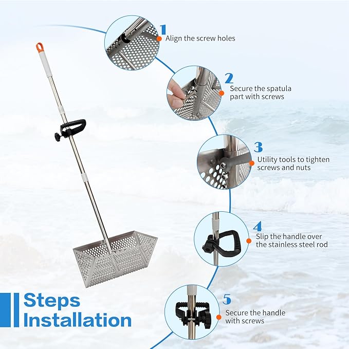 Sand Flea Rake, Detachable Long Handle Sand Sifter for The Beach, The Shark Tooth Screen Comes with a 16in Wide Drain Screen