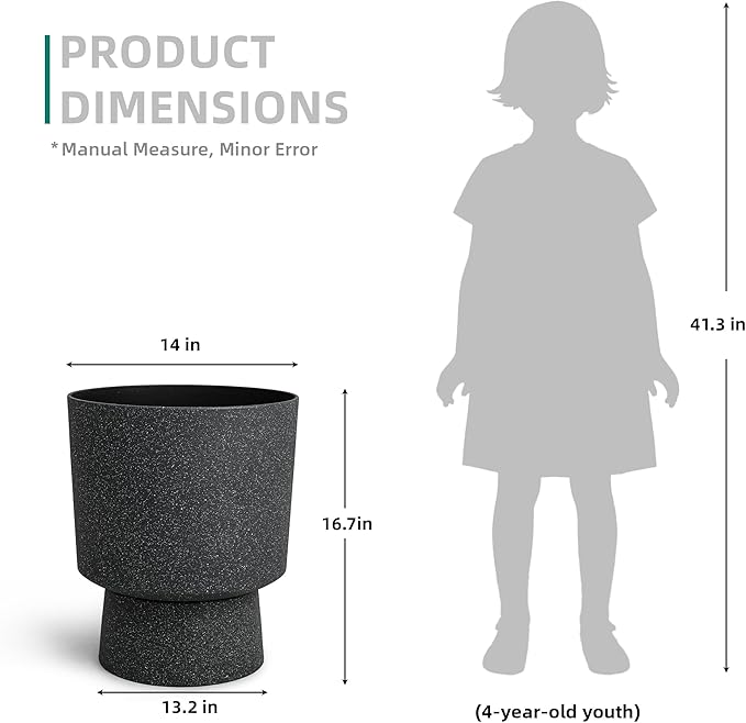 16.8" Large Planters Set of 2 Modern Pedestal Plant Pots with Drainage Hole, Durable Plastic Flower Pots w/Terrazzo Finish, Weather-Resistant for Garden Patio Balcony Home Outdoor Indoor Decor