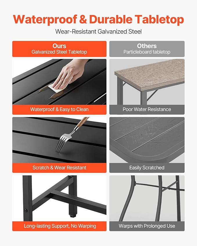 VEVOR Outdoor Bar Table, 47 x 15 in Patio Bar Table, Waterproof Top & Sturdy Metal Frame, Rectangle Counter Height Dining Tables, Outdoor Furniture for Balcony, Yard, Hot Tub, Poolside, Indoor