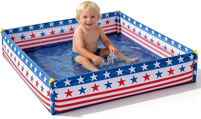 3.3 X 3.3 Ft Portable Beach Square Puddle, American Flag Foldable Beach Pool for Boys Girls Ages 2 3 4 5 6, 4th of July Patriotic Beaches Essentials with Carrying Bag, No Need to Dig Hole and inflate