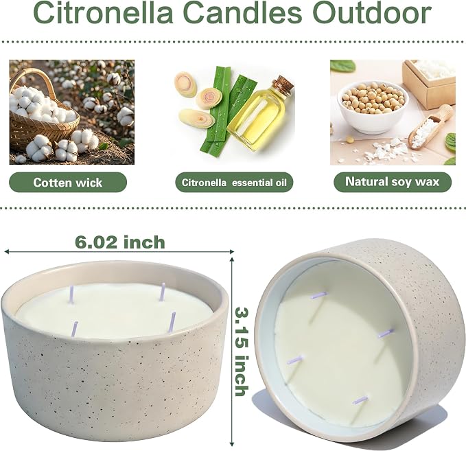 Citronella Candles Outdoor for Patio, 22oz Large 4-Wick Natural Soy Wax Candle, 100-Hour Long Lasting Citronella Oil Candle in Decorative Ceramic Jar for Backyard, Garden, Deck, Summer Nights